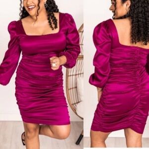 PINK LILY SATIN RUCHED STRETCH Dark Pink‎ SQUARE NECK PARTY DRESS